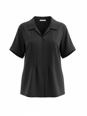Essentials Black Pintuck Button Down Blouse 2X Plus Size Short Sleeve